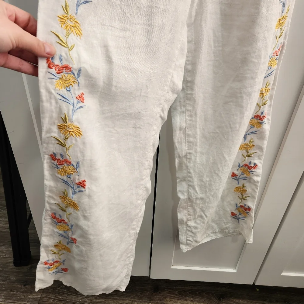 Calypso St. Barth White Linen Pants with Floral Embroidery Beach Size Small